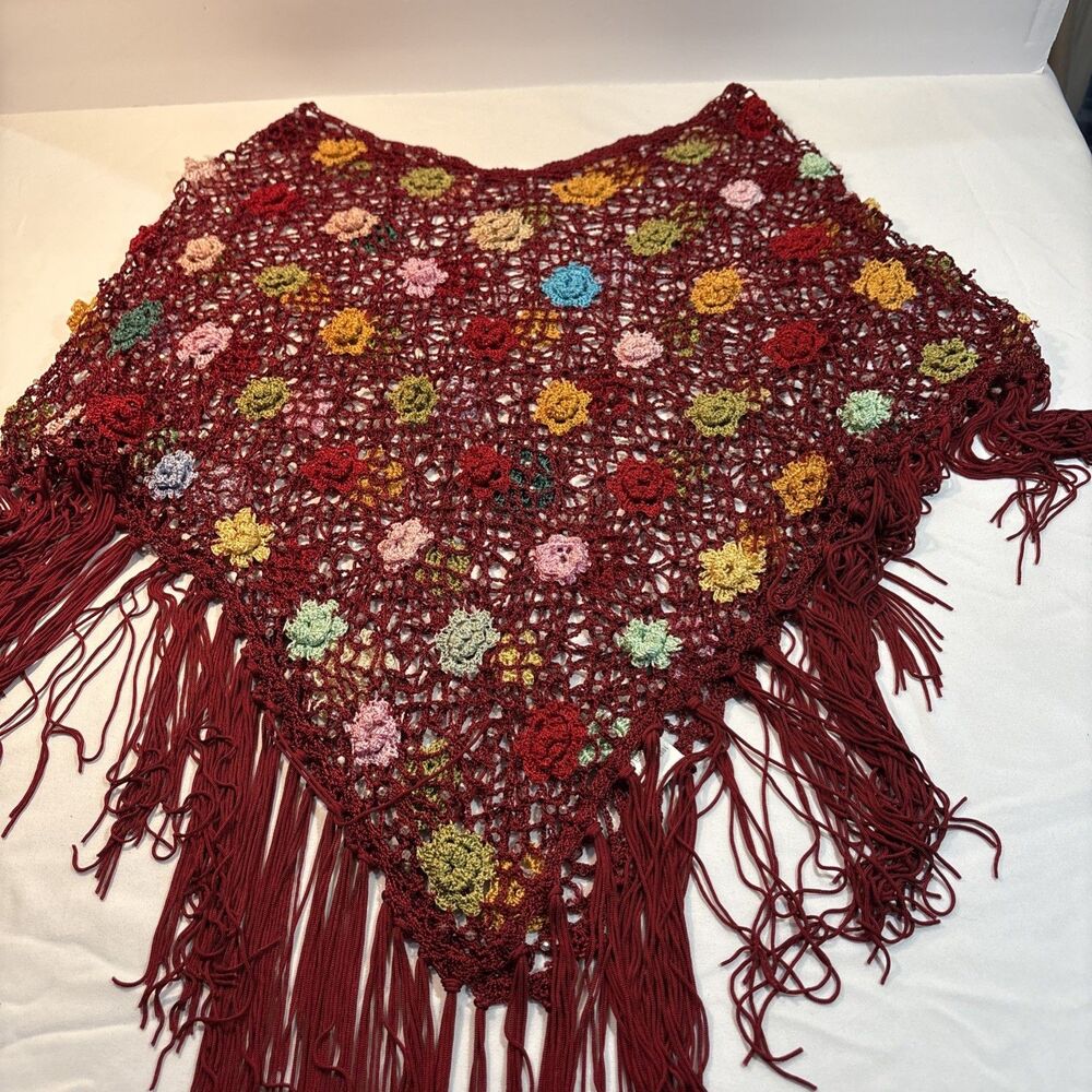 Burgundy Crochet Floral Beaded Poncho Shawl Fringe Boho Festival Y2K Pullover